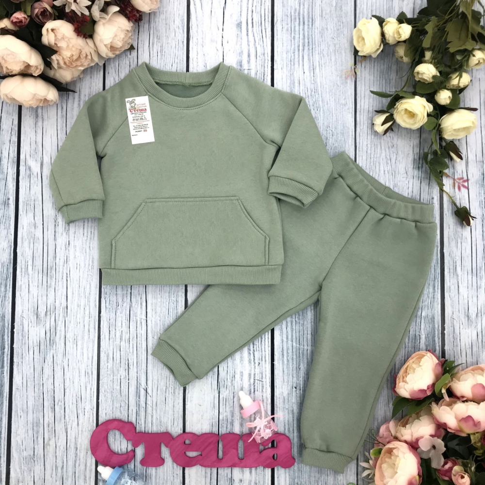 297-ОЛ. Свитшот + Штаны, хлопок 65%, 35% ПЭ, 3-х нитка (начес) оливковый 80,86,92,98,104