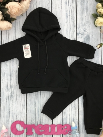 Купить оптом 296-Ч. Свитшот с капюшоном + Штаны, хлопок 65%, 35% ПЭ, 3-х нитка (начес) черный 80,86,92 в Пятигорске